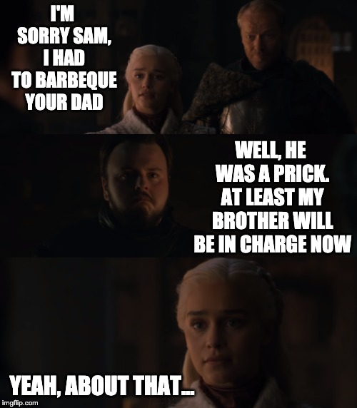 bingeofthrones's tweet photo. This has gotta be #awkward. #SamwellTarly's BFF's main squeeze cooked his family. What's it gonna be, #JonSnow? Bros or hoes? 

#S8E01 @emiliaclarke @johnbradleywest #CookingWithKhaleesi #gameofthronesmemes #forthethrone #season8 #got8 @GameOfThrones #got @HBO #seasonpremiere https://t.co/JLIwr0cLJn