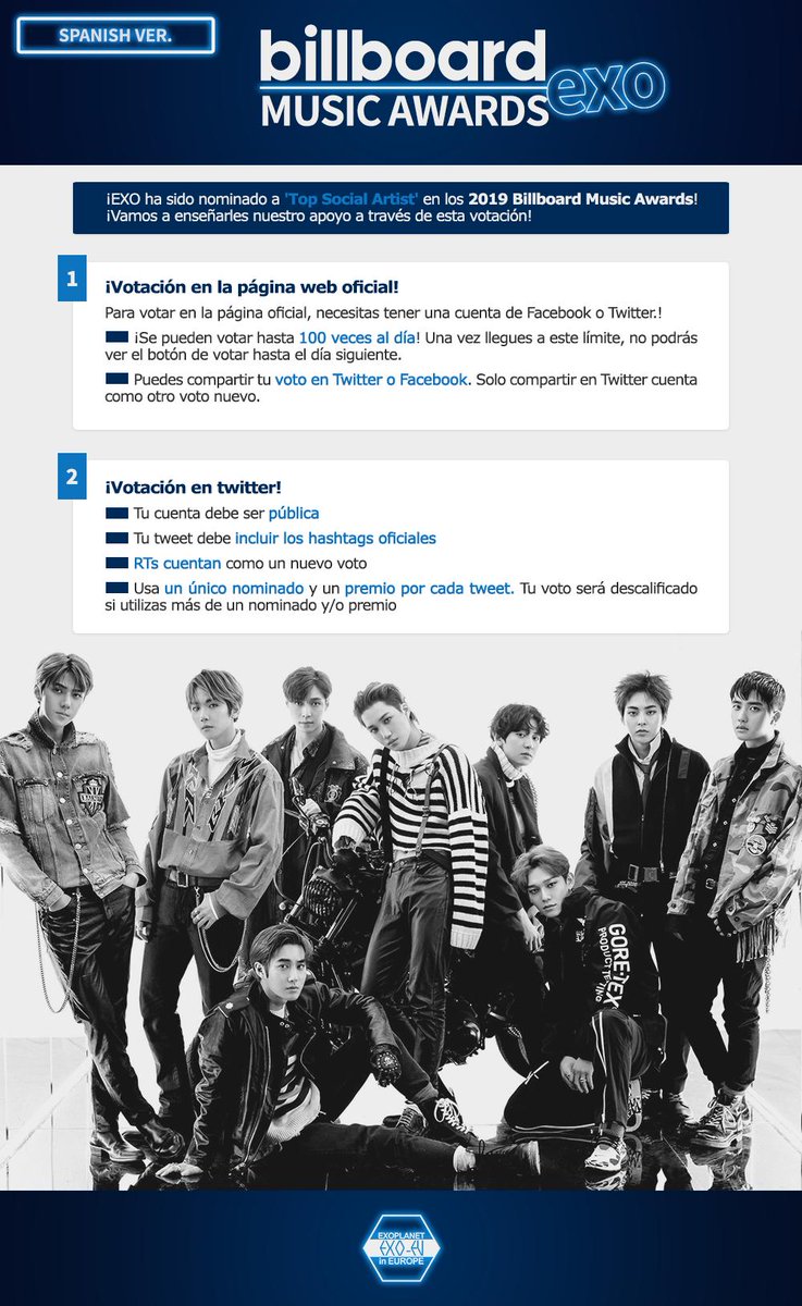EXOLSpain's tweet photo. ⚠️BILLBOARD⚠️

Mañana a las 18:00 CET dará comienzo las votaciones para el premio 《TOP SOCIAL ARTIST》en los '2019 Billboard Music Awards', en el que esta nominado #EXO. Podréis votar a través de la página web o twitter, ¡más información en la foto!

#엑소 @weareoneEXO https://t.co/uTA7X8hpdH