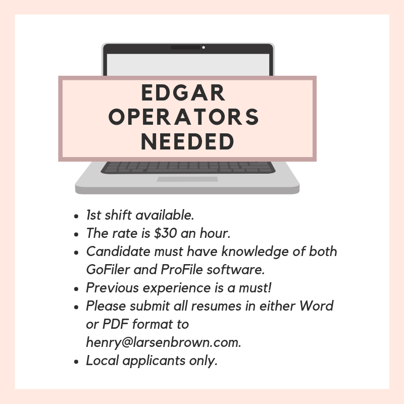 Larsen_Brown's tweet photo. Do you know ProFile HTML & GoFiler Complete? Apply today!! EDGAR Operators needed – day shifts Monday-Friday and 1st/2nd shifts on weekends available. Please submit resumes to henry@larsenbrown.com
#NYCjobs #GoFiler #ProfileHTML #EDGAR #LarsenBrown https://t.co/KhZzTvpqr5