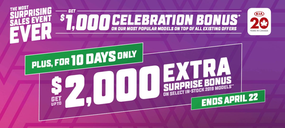 Celebration Bonus/Canadian Car of the Year bonus is available on the purchase or lease of a qualifying new and unregistered model until April 30. #surpriseevent #kia #kiaforte #kiasoul #kiasportage #kiasorento #kiastinger #yearbonus #celebration