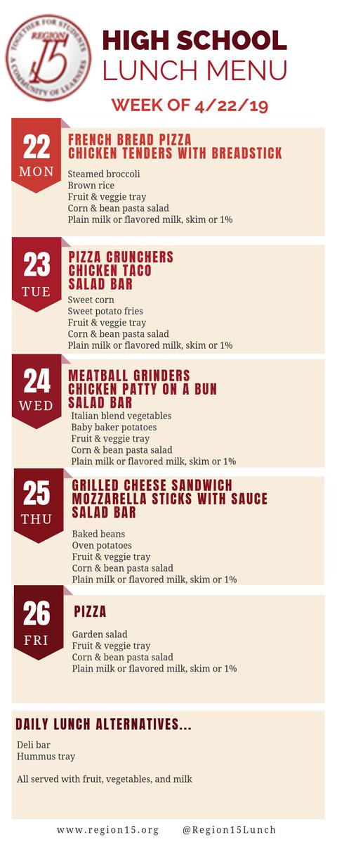 Hope everyone had a nice spring break and a lovely holiday weekend.  Here is the menu for the upcoming week... <a href="/Region15Schools/">Region 15 Schools</a> @PJones2001