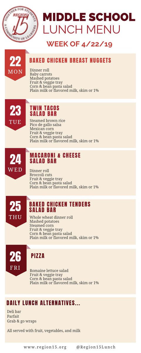 Hope everyone had a nice spring break and a lovely holiday weekend.  Here is the menu for the upcoming week... <a href="/Region15Schools/">Region 15 Schools</a> <a href="/RochambeauRams/">Michael J. Bernardi</a> <a href="/Memorial_Middle/">Jennifer Murphy</a>