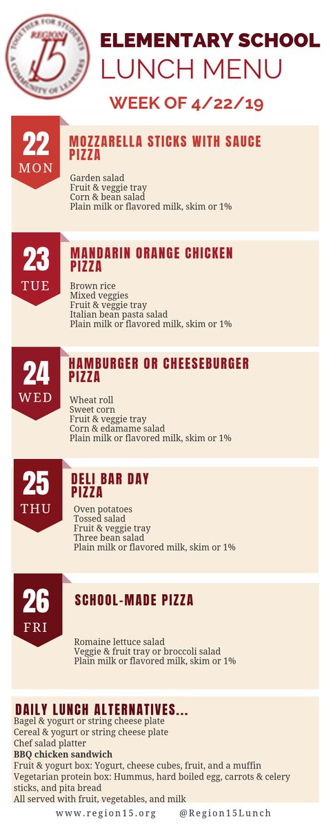 Hope everyone had a nice spring break and a lovely holiday weekend.  Here is the menu for the upcoming week... <a href="/PomperaugES/">Theresa Forish</a> <a href="/GainfieldSchool/">Gainfield School</a> <a href="/MiddleburyES/">Middlebury ES</a> <a href="/LongMeadowES/">LMES</a> <a href="/Region15Schools/">Region 15 Schools</a>