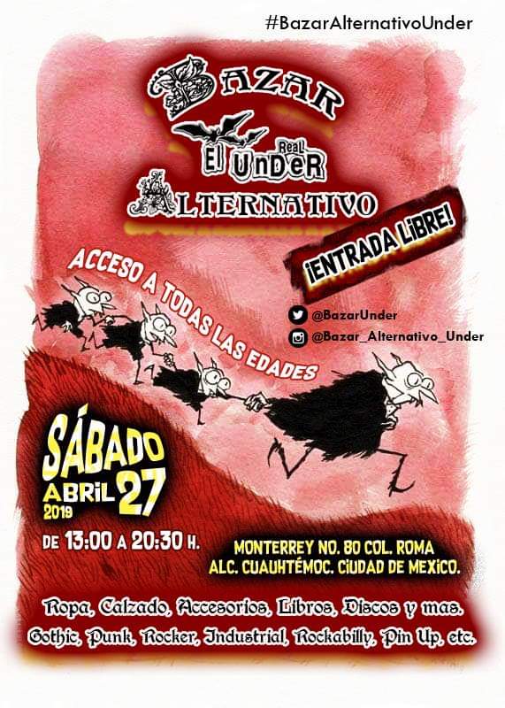BazarUnder's tweet photo. Este sábado 27 de abril. #EntradaLibre
#BazaraAlternativoUnder
En Monterrey no. 80 col. Roma. Metro insurgentes, metrobus Durango.
#bazar
#FelizDomingo 
#Abril 
#DomingodeResurreccion 
#DomingoDeGanarSegidores https://t.co/Ec1847VZZJ
