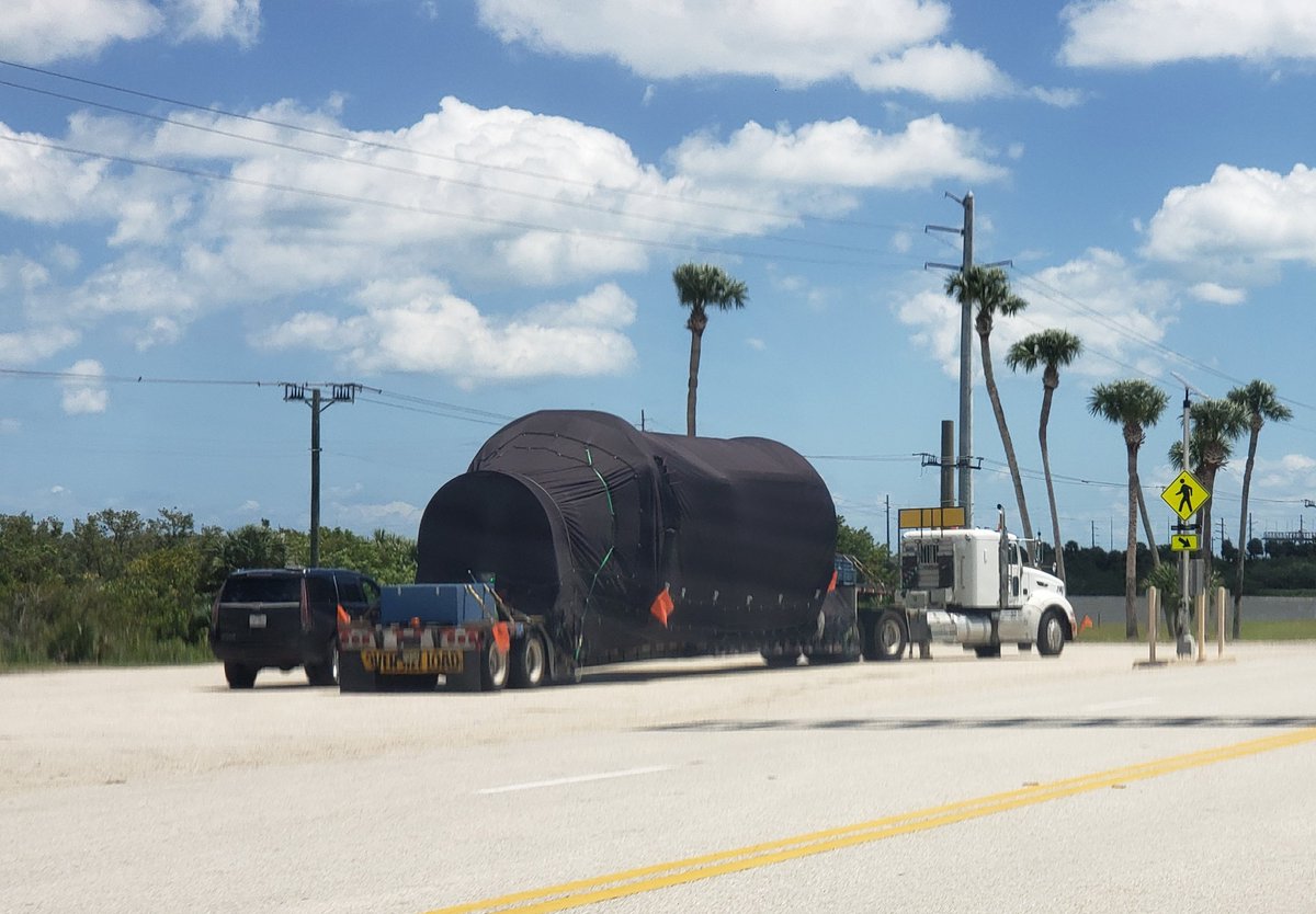 julia_bergeron's tweet image. I did not want to mention this yesterday after we heard about Crew Dragon. This was waiting on 401 to enter Cape yesterday. I spy a #SpaceX second stage? Falcon Heavy perhaps?