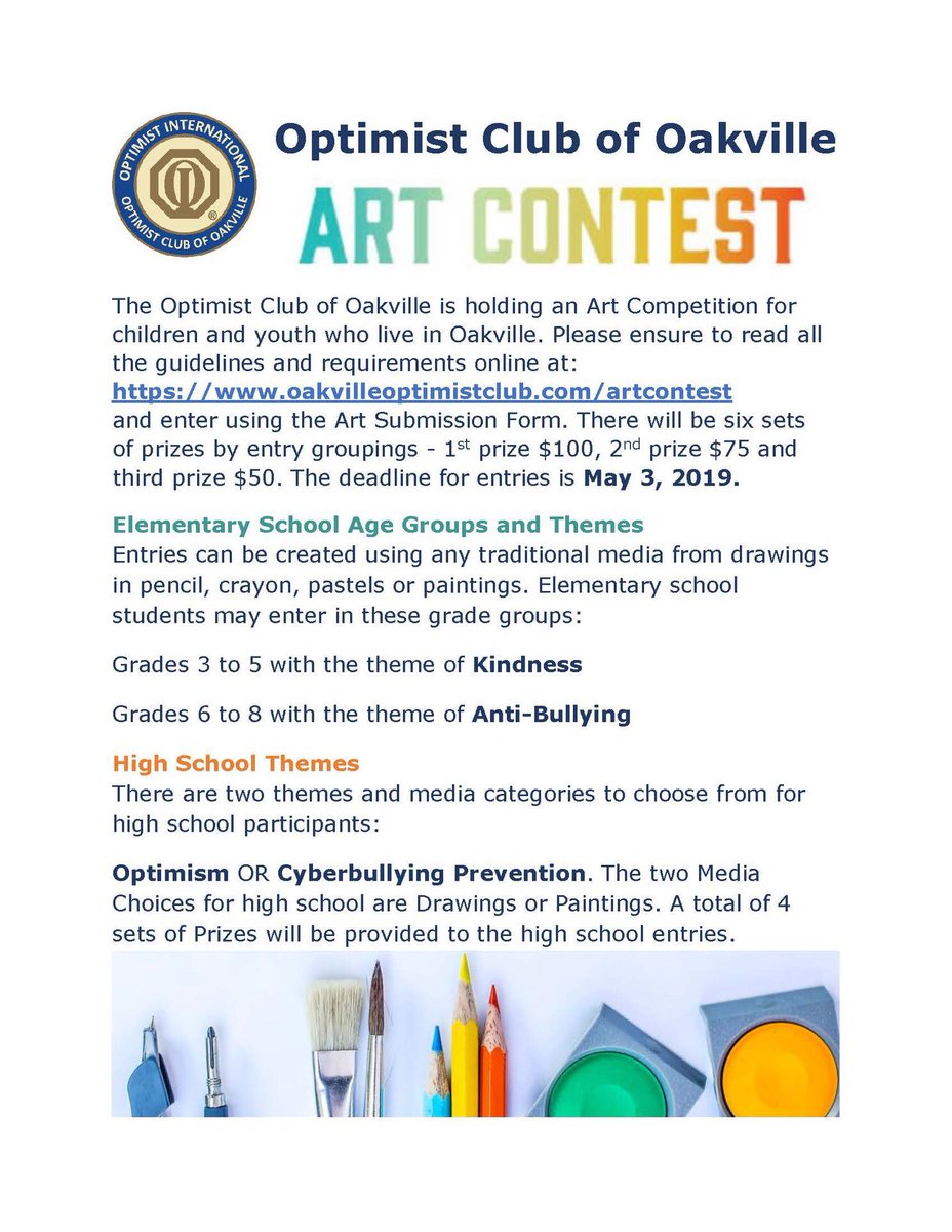 Looking for something for children/teens to do tomorrow? How about entering the Optimist Club of Oakville Art Contest for Children/Youth? Entry groups for Grade 3 to 5, 6 to 8 and high school. Cash prizes for top 3 in each age group. Full details on poster. #Contest #cashprizes
