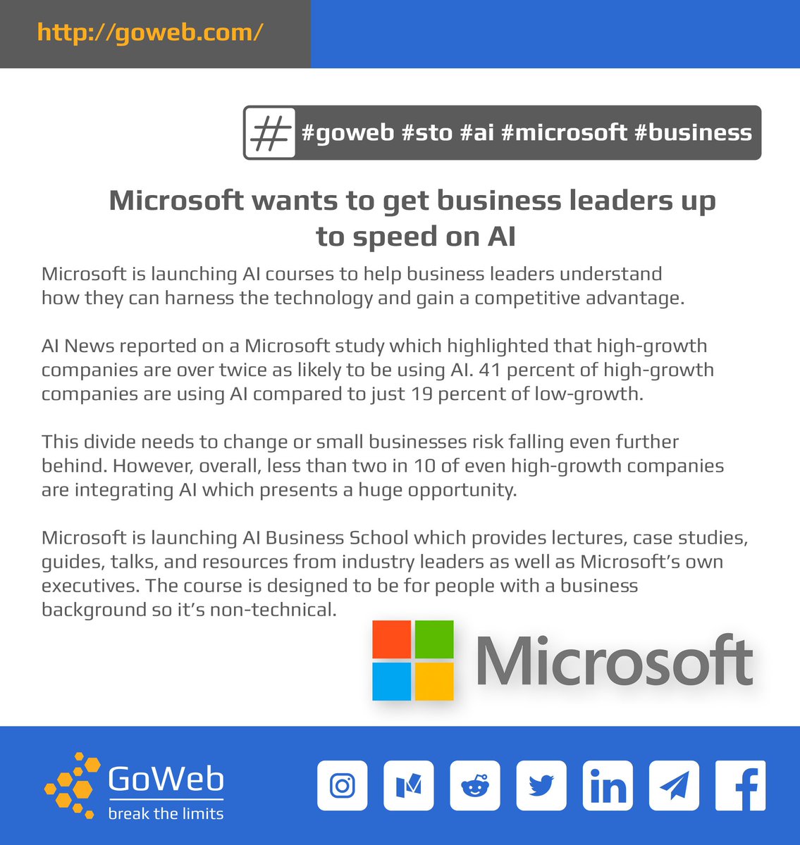 GoWebSTO's tweet image. 🔝 Microsoft wants to get business leaders up to speed on AI

goweb.com 

#goweb #sto #ai #microsoft #business