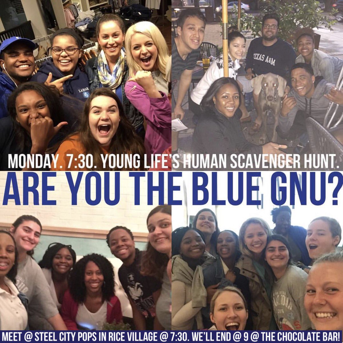 Monday is YL’s Blue Gnu Human Scavenger Hunt! Meet @ 7:30 at the Steel City Pops in Rice Village, and we’ll hunt for specific YL people hiding, including the Blue Gnu- someone you've never seen before wearing something blue. We’ll end @ 9:00 at the Chocolate Bar in Rice Village!