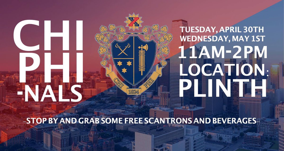 It's that time of the semester again! Finals are approaching, and we're here to help you take on those dreadful tests! Stop by the plinth from 11am-2pm on Tuesday, April 30th and Wednesday, May 1st to grab some free scantrons and energy drinks to get you that 4.0! #ChiPhinals