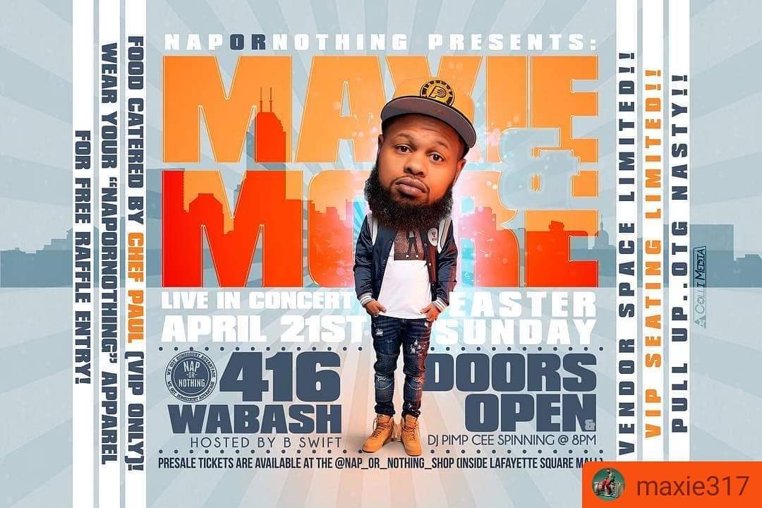 chreeceaf's tweet photo. 🚨TONIGHT🚨 
@Maxie317 Album Release Party at @416wabash 8pm
Make sure you wear your @NapOrNothing apparel for free raffle entry! #chreeceaf #indianapolis #hiphop https://t.co/F8fwEuhesm