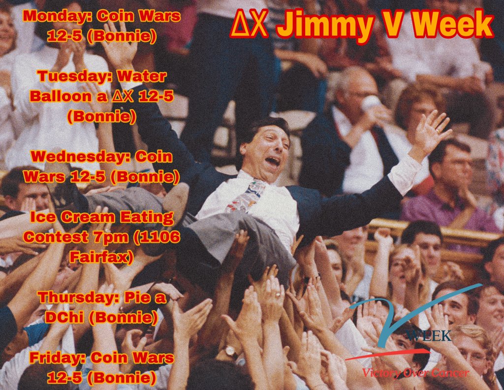 DeltaChiRU's tweet photo. Jimmy V Week is starts tomorrow! Come out and show your support by donating to The Delta Chi Fraternity as we spread awareness and raise money for the Jimmy V Foundation! https://t.co/Qn11A6kcJj