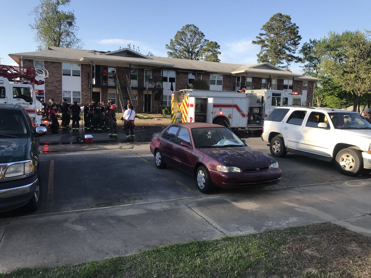 5newsjo's tweet photo. A fire at West Apartments in Fort Smith sent two people to the hospital and left 4 apartment units of people without homes tonight. Investigators still working on finding the official cause of the fire. https://t.co/i2TZUzaeJe
