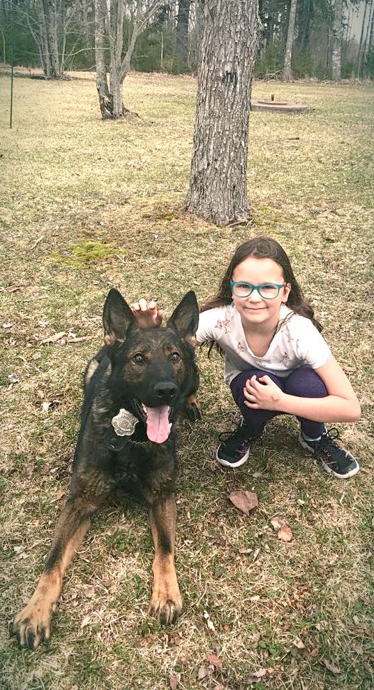 HRPK9Unit's tweet photo. PSD Morgan dropped by and acknowledge this young lady's compassion for animals. This little lost dog whisper went out of her way to rescue a dog that had been lost for several days.  Morgan shared some ear rubs today with Rachel. @HfxRegPolice #awesomekiddo
#HappyEaster https://t.co/4Dg4pMIhEH