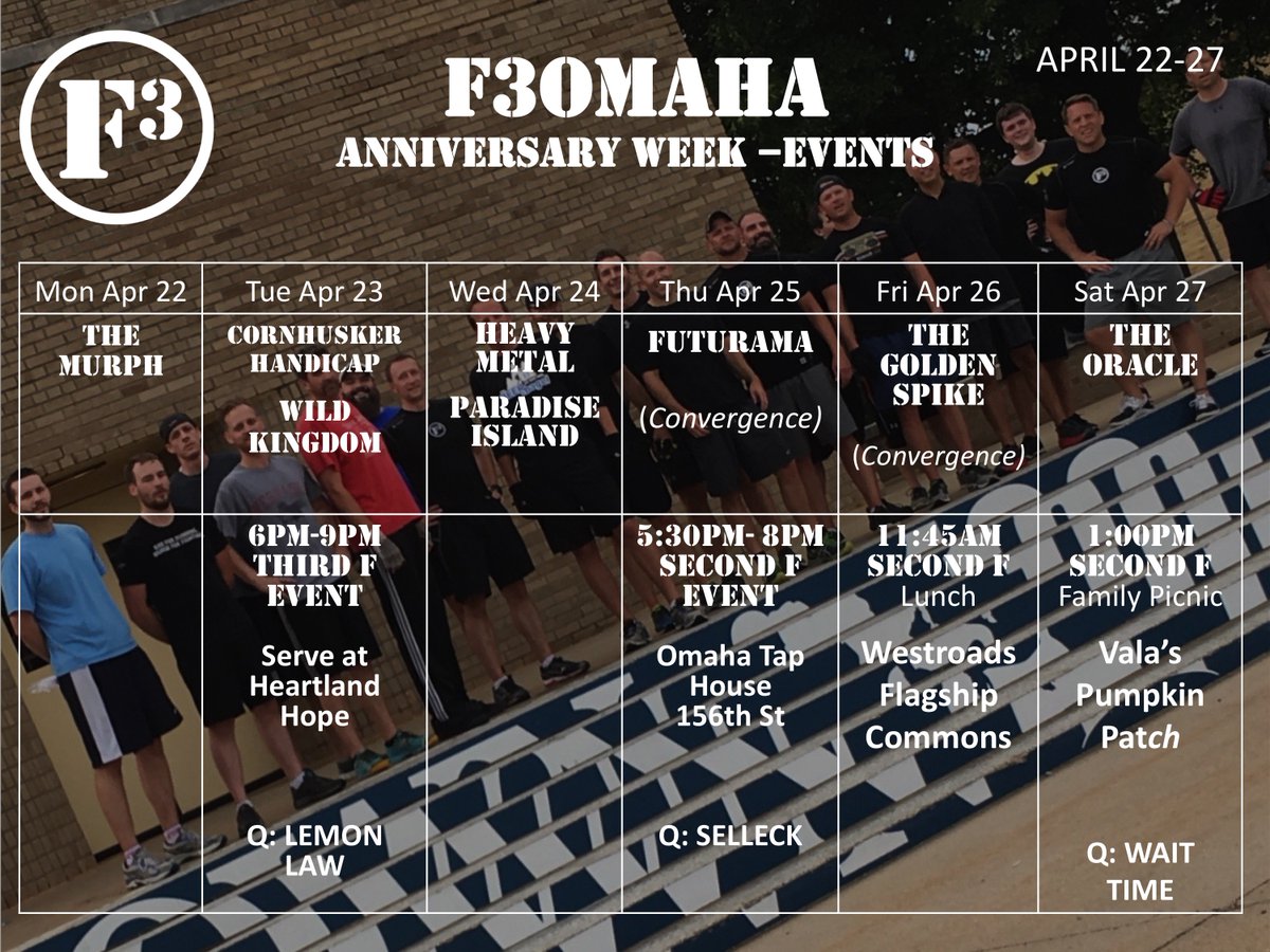 F3Omaha's tweet photo. We got more events (and beatdowns) than Berkshire Weekend...check out our #FirstAnniversary Celebration: The Q Schedule, #SecondF and #ThirdF Events. #NoFOMO
Look forward to meeting #Ponzetta, #QueenBee, #LadyJava & #thebeans, #Speciwoman, and other Ms and 2.0s at picnic. https://t.co/KwQpfdZfVd