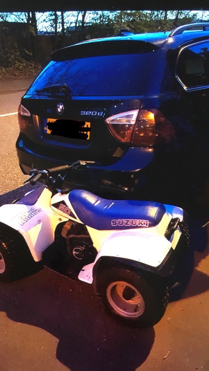 CannockPolice's tweet photo. Vehicle seized by @StaffsSpecials on Longford Road, Cannock for no tax. Keeper located in nearby Laburnum Park with a 6 year old male, who was riding a quad. Both seized and now on the back of the recovery truck!! #Nolikeynobikey #Notaxnothanks #OperationMilvus #NPTShift3 https://t.co/EX8PbEfXdA