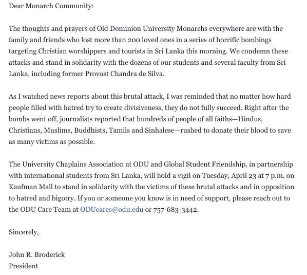 A letter from President John R. Broderick on Sri Lanka. #ODU #SriLanka