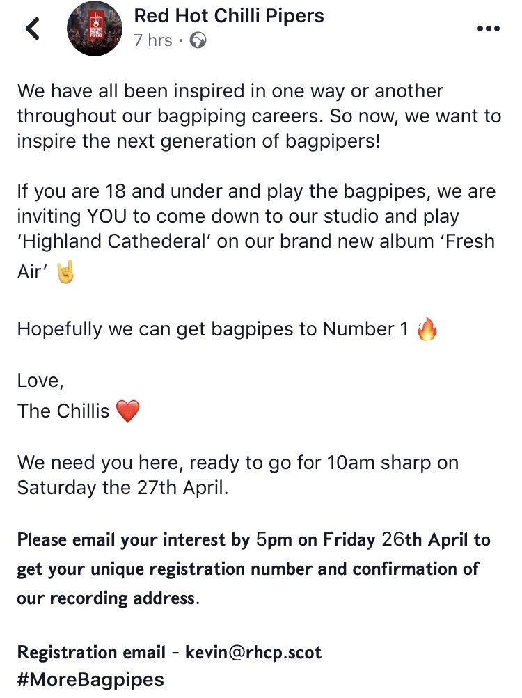 Fantastic opportunity for some of our young pipers if you are free this weekend coming! You could have the chance to play alongside <a href="/chillipipers/">RedHotChilliPipers</a> 🎼🎤🎬  

#opportunity #confidentindividuals #performers
