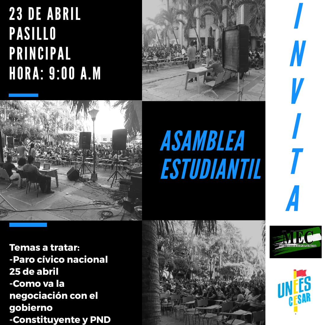 UneesCesarUpc's tweet photo. #UNEESCesar |
Invitamos a todos y todas a la asamblea estudiantil que estaremos realizando donde tocaremos temas que nos incumben como estudiantes críticos y pensantes que conviven en una sociedad que está siendo atropellada.
¡Te esperamos, es necesario resolver interrogantes! https://t.co/fXTM1beMGn
