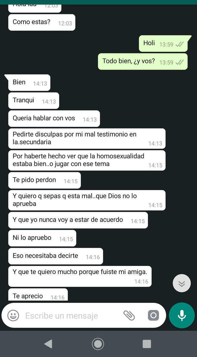 iamh0peless's tweet photo. cayó a hablarme una que solía ser mi "amiga" en la secu, en la cual en ese momento se me insinuó, y después de años sin hablar viene a decirme esto sin pensar en cómo me puedo sentir, además ni sé de dónde sacó mi número. dejen de disfrazar su odio en amor por religión, dan pena. https://t.co/guw8EEEHJ9