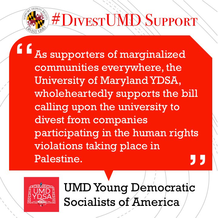 UMD_SJP's tweet photo. Thank you UMD Young Democratic Socialists of America for your support of #DivestUMD! Read their full statement in the thread! @UMD_YDS https://t.co/P4mRAJzYP8