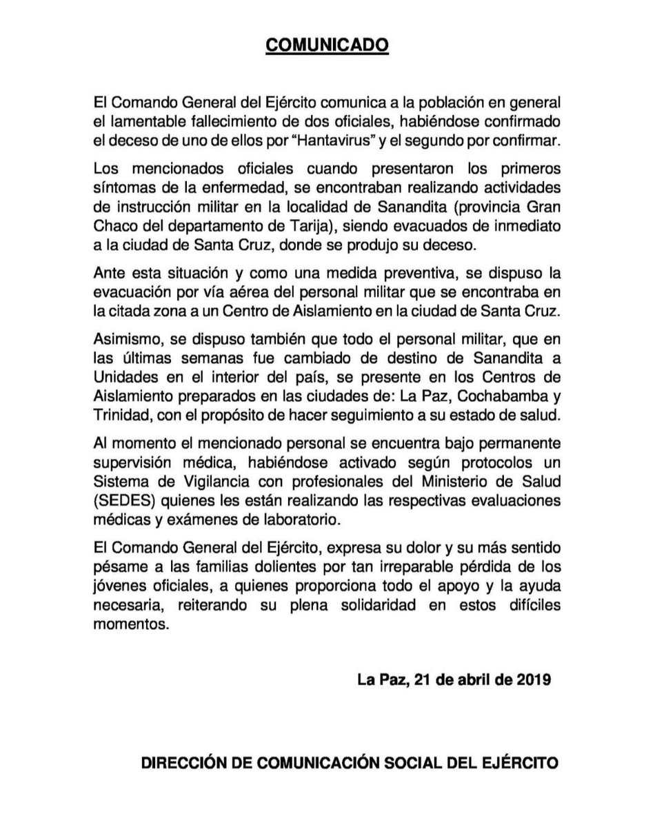 LemaCasimira's tweet photo. #LOULTIMO.. Dos oficiales mueren por #Hantavirus en #Sanandita https://t.co/P1G8XEJwaK