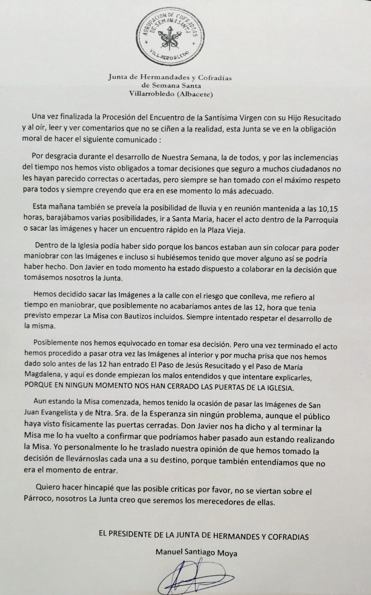 SemanaSantaVdo's tweet photo. COMUNICADO OFICIAL de la Junta de Hermandades y Cofradías de Semana Santa de Villarrobledo: https://t.co/X5RTLrVo8T