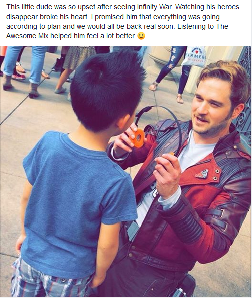 SWaffles84's tweet photo. My friend is a character actor and he went as Star-Lord to see Infinity wars, After the movie this happened. #YouTheMan #StarLord #InfinityWars https://t.co/CBJDzah6ZH