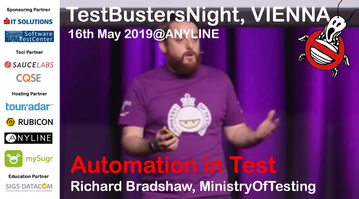 RudolfGroetz's tweet photo. Who you gonna call? #testBusters join @FriendlyTester BossBoss of @ministryoftest when talks about #TestingInAutomation - #atamVIE hosted by @ANYLINE_COM sponsored by @IVM_at SIT-Solutions @cqse @saucelabs @SIGSDATACOM -Register here: https://t.co/U4Ht7NilK3 https://t.co/jEWBCcLGJn