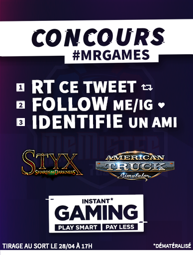 MrMister789's tweet photo. Le #concours #giveway spécial 200 followers du #MrGames ! 🎉

Vous pouvez gagner 2 jeux :
- American Truck Simulator | Steam
- Styx: Shards of Darkness | Steam

Il vous suffit de #follow @MrMister789 et @InstantGamingFR, de #RT ce tweet et d’identifié un ami.

TAS : 28/04 - 17h00 https://t.co/T5dAjp2Izl