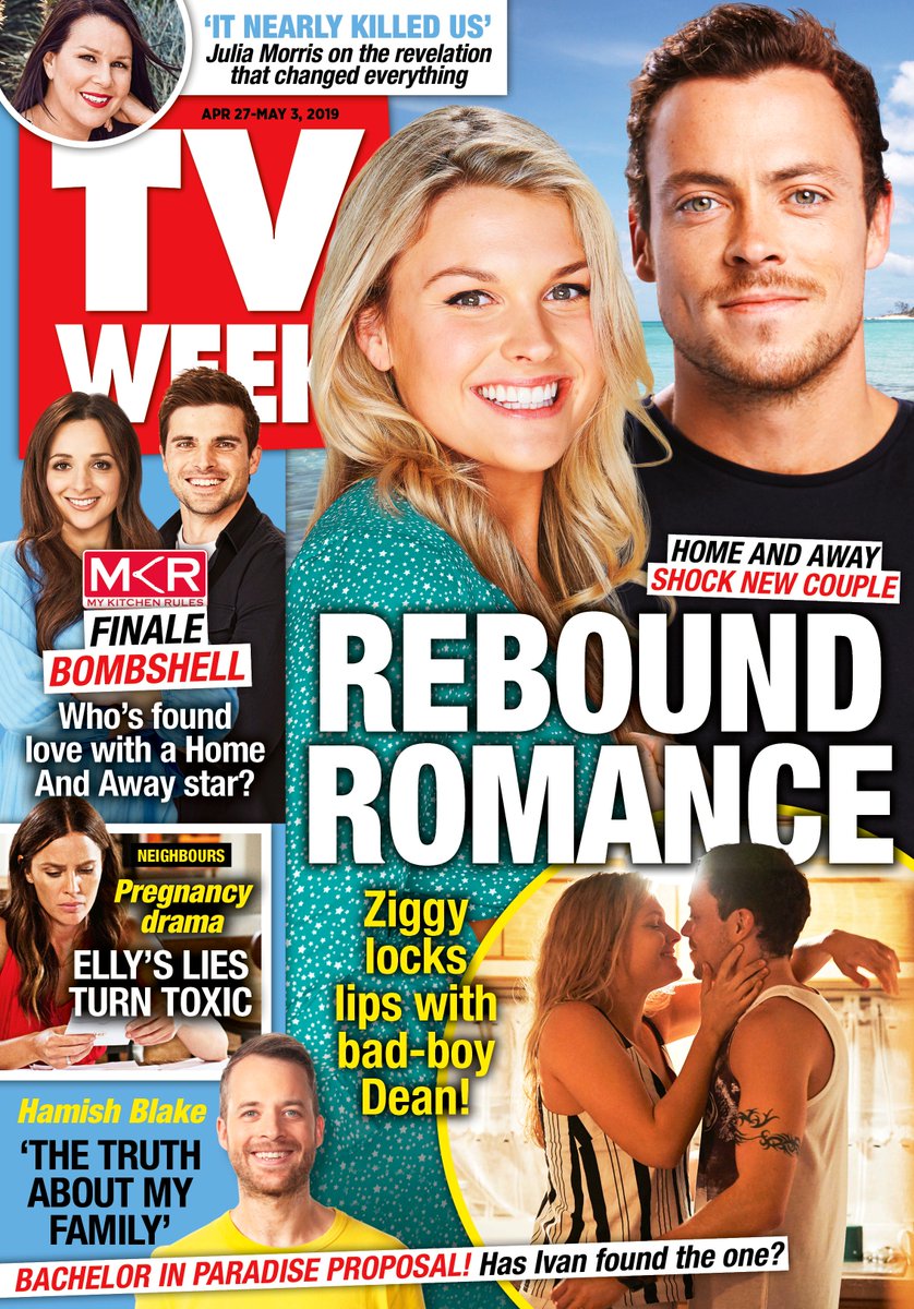 TVWEEKmag's tweet image. In this week's issue of TV WEEK, read all about Ziggy's rebound romance with Dean on #HomeandAway. Plus, we've got exclusive interviews with #JuliaMorris and #HamishBlake, and all the latest on #Neighbours, #MKR, #BachelorInParadiseAu and more! On sale now.