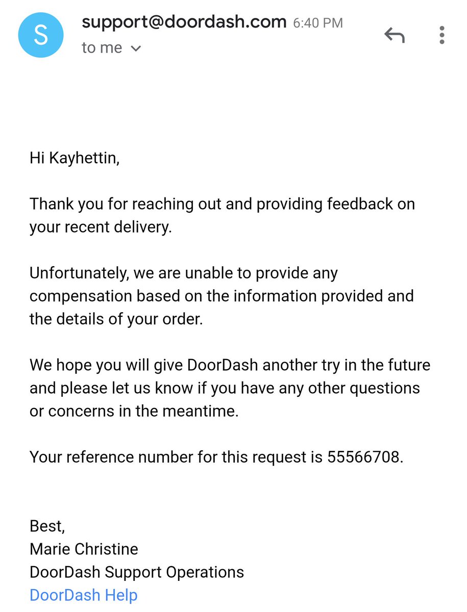 A small run down. Last Fri or Sat, I ordered some food. The driver said he delivered it, but he didn't. I was frustrated so I decided to deal with it at a later time and this is what happened.

Just a friendly reminder that <a href="/DoorDash/">DoorDash</a> doesn't give a crap about you.