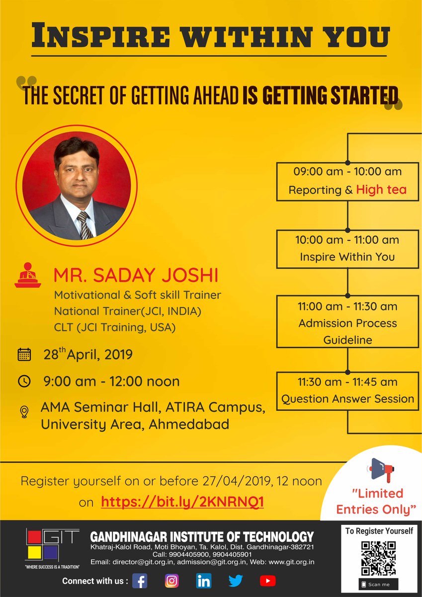 gandhinagaruni's tweet photo. Dear Future Engineers,

What to do after 12th? 
Get your answers and Inspire within you! 
Register free on first come first serve basis using the following link,

https://t.co/PQyRa9XRXt

#git #GIT #Gandhinagar_Institute_of_Technology #seminar #futureengineer https://t.co/CGpknUhpVw