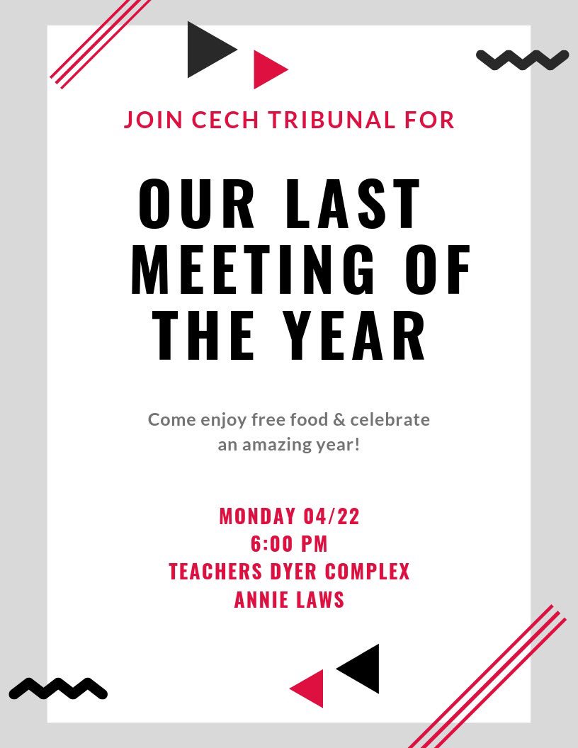 Hey CECH Bearcats🐾

See you tomorrow night to CELEBRATE the end of the year! Meet the new Exec Team &amp; enjoy some FREE FOOD!
<a href="/uofcincy/">University of Cincinnati</a> <a href="/UCMainStreet/">UC MainStreet</a> <a href="/UCStudentGov/">UC Student Government</a>
