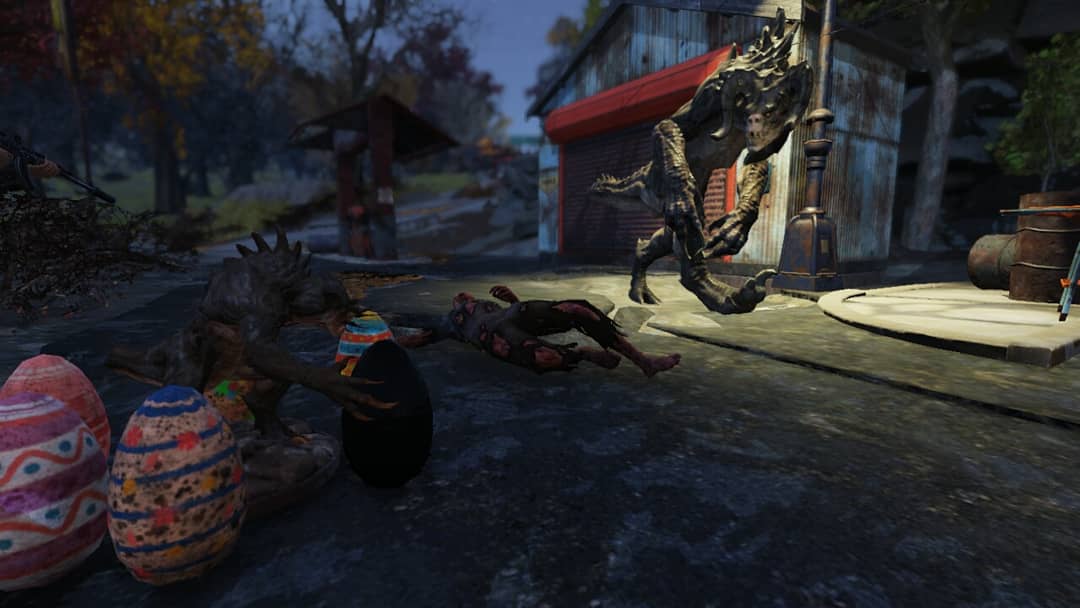Rickforb's tweet photo. Got them all and the present for the hunt! My buddy doesn't seem to care much about those eggs, just a bit curious. Probably should get them inside 😄
#Fallout76 https://t.co/213AuE0tzn