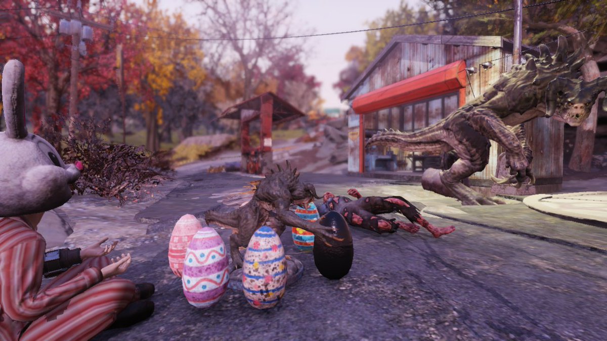 Rickforb's tweet photo. Got them all and the present for the hunt! My buddy doesn't seem to care much about those eggs, just a bit curious. Probably should get them inside 😄
#Fallout76 https://t.co/213AuE0tzn