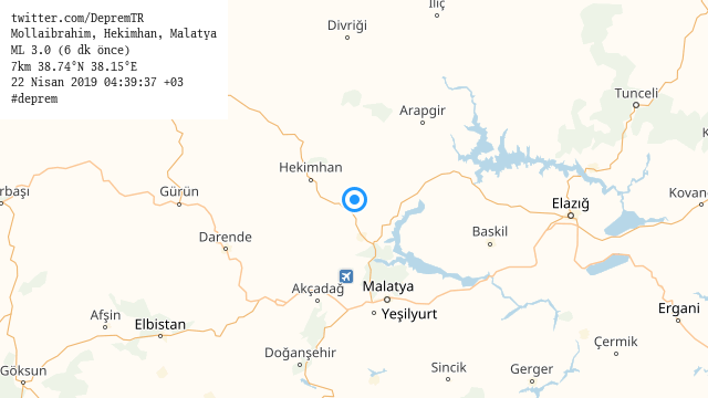 DepremTR's tweet photo. #Mollaibrahim, #Hekimhan, #Malatya
ML 3.0 (6 dk önce)
7km 38.74°N 38.15°E
22 Nisan 2019 04:39:37 +03
#deprem https://t.co/Iv8fujVU4U
