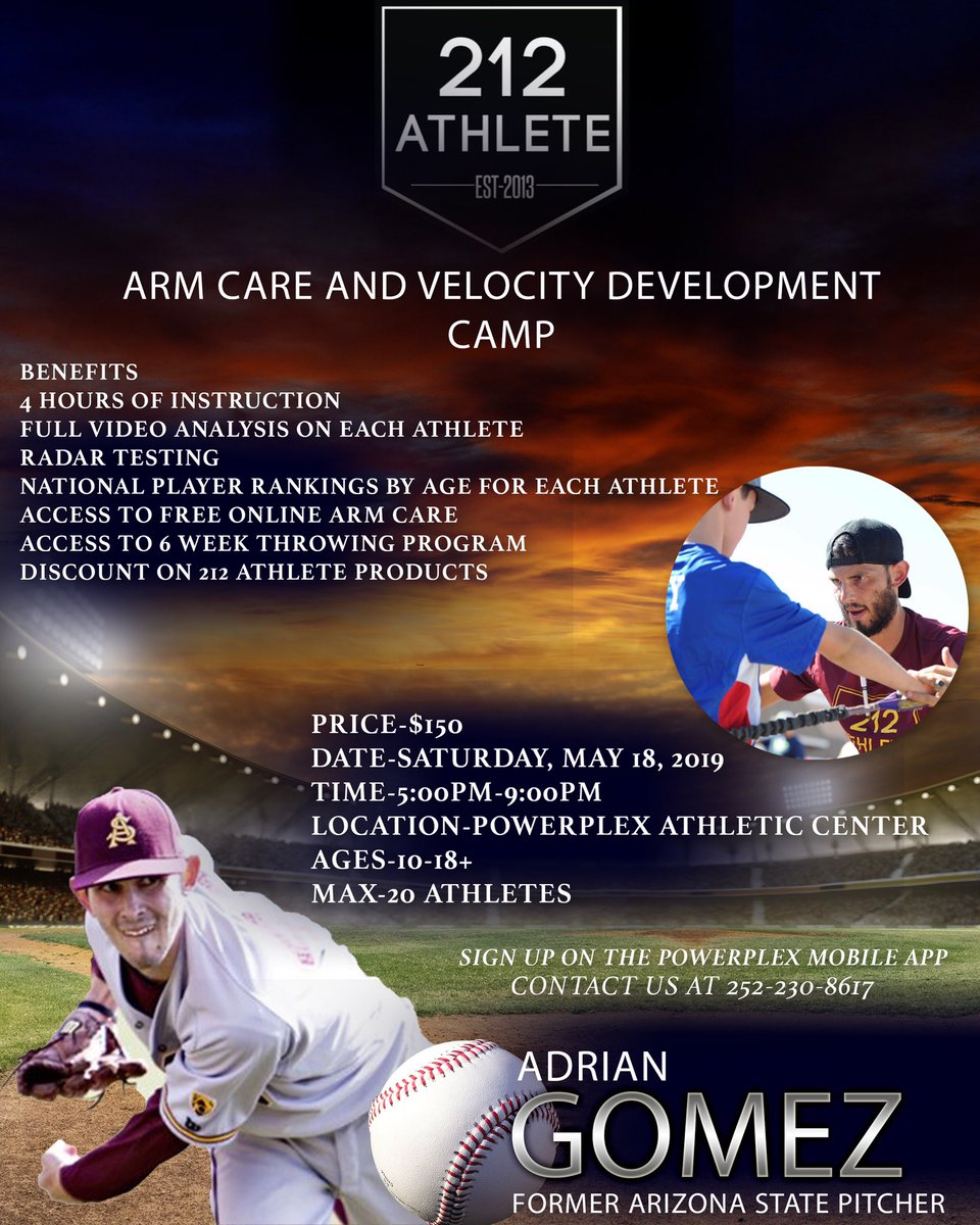 powerplexnc's tweet photo. The Powerplex is proud to partner with Adrian Gomez and @212athlete ! Gomez will be bringing his top notch Arm Care &amp; Velocity Development Camp for baseball players. Increase Pitching Speeds and More! Only 25 Spots available. Sign up today on the Powerplex Mobile App https://t.co/yBb2KBetAa