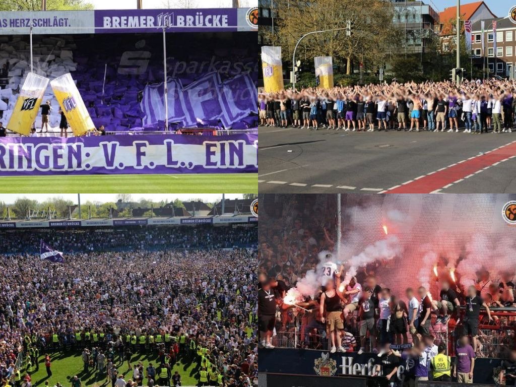 FasziFankurve's tweet photo. Fans zeigten am Samstag zunächst eine große #Choreografie zu 120 Jahren #VfL #Osnabrück. Anschließend wurde der #Aufstieg in die #2Bundesliga mit #Pyro, #Platzsturm & einem #Fanmarsch gefeiert: #VfLVfR https://t.co/VC8le2QdOv https://t.co/HUEf0Xapd6