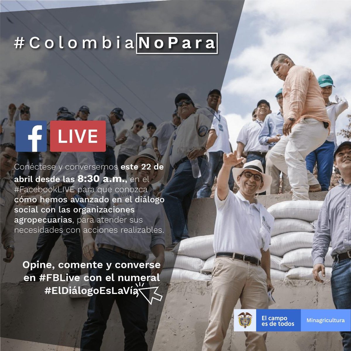 URestitucion's tweet photo. #ColombiaNoPara | Mañana el Ministro de Agricultura @AndrsValencia9 presentará los avances en los diálogos con las organizaciones agropecuarias.  Conéctese a las 8:30 a.m. al #FBLiv de @MinAgricultura y converse con el Gobierno del Presidente @IvanDuque #ElDiálogoEsLaVía https://t.co/ijRjnnc6jw