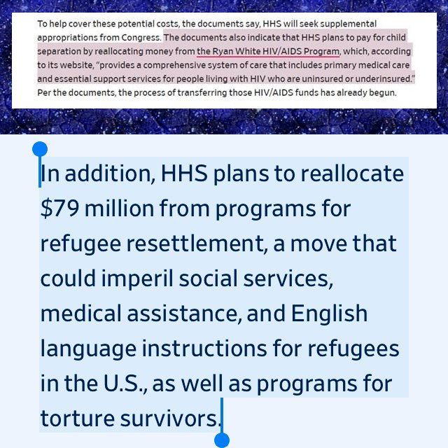 Trump’s Office of Refugee Resettlement Budgeted for a Surge in Child Separations by stealing funds for refugees and HIV/AIDS patients to cover the possible costs.YOU DON'T COMMIT TWO MORE ATROCITIES TO CLEAN UP ONE! https://slate.com/news-and-politics/2018/07/trumps-office-of-refugee-resettlement-is-budgeting-for-a-surge-in-child-separations.html