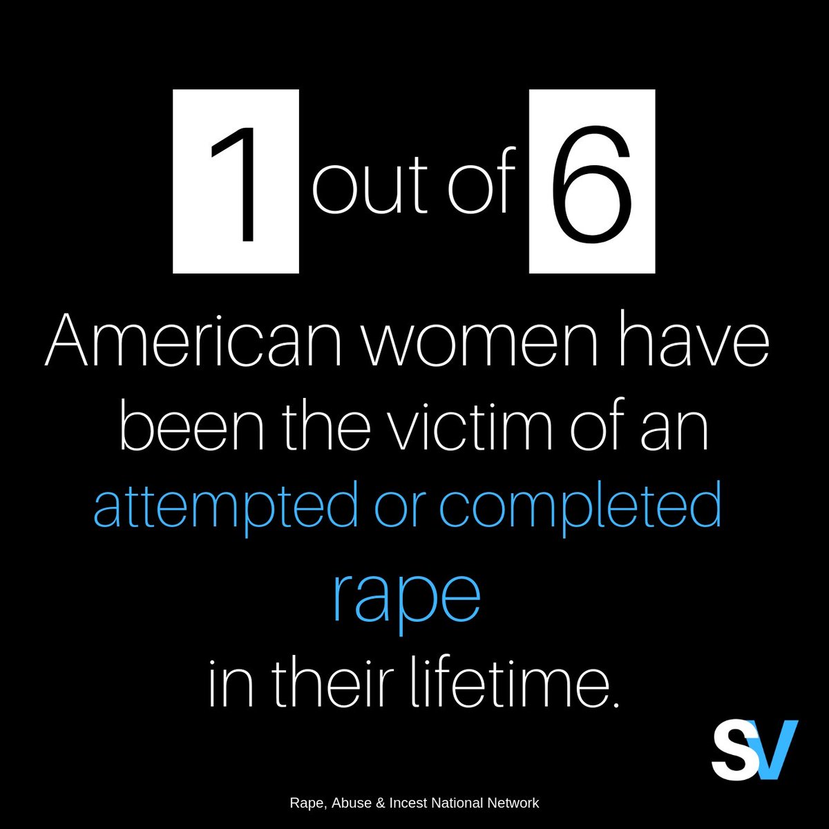 shidesv's tweet image. 1 out of every 6 American women has been the victim of an attempted or completed rape in their lifetime.

SOURCE: @RAINN 

#SAAM