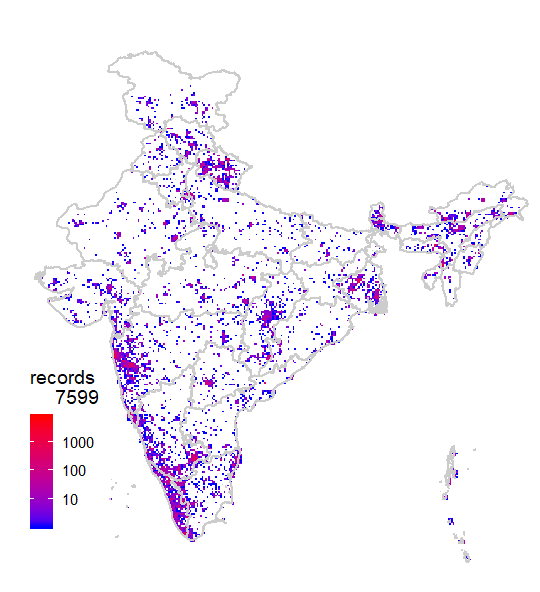 vijaybarve's tweet photo. As India crosses 100k verifiable records on @inaturalist we explore the records for geographical coverage using #rstats in this blog https://t.co/bnRo6v2JQw using #bdvis package. More data visualizations to come. https://t.co/CNzdX6vUMk