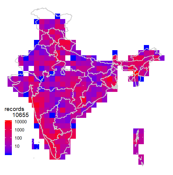 vijaybarve's tweet photo. As India crosses 100k verifiable records on @inaturalist we explore the records for geographical coverage using #rstats in this blog https://t.co/bnRo6v2JQw using #bdvis package. More data visualizations to come. https://t.co/CNzdX6vUMk