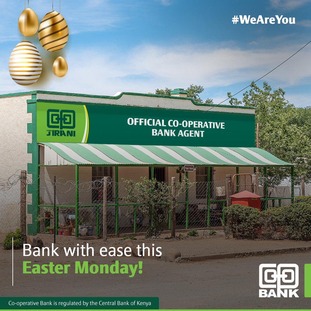 Coopbankenya's tweet photo. Even over Easter, Co-op Kwa Jirani agents are open and ready to sort out your banking needs! Pitia the nearest one today. #EasterSorted https://t.co/BrY7WzBuk9
