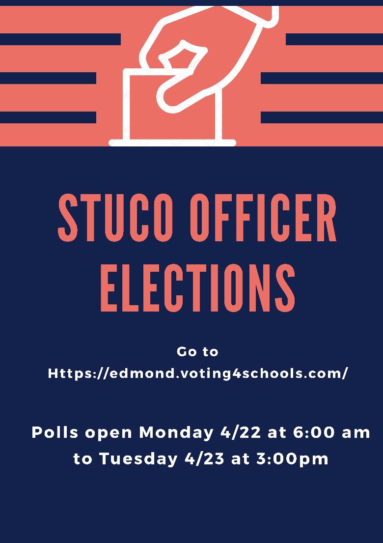 Make sure to vote for StuCo Officer Elections! Polls open Monday 4/22 at 6:00am and close on Tuesday 4/23 at 3:00pm!!