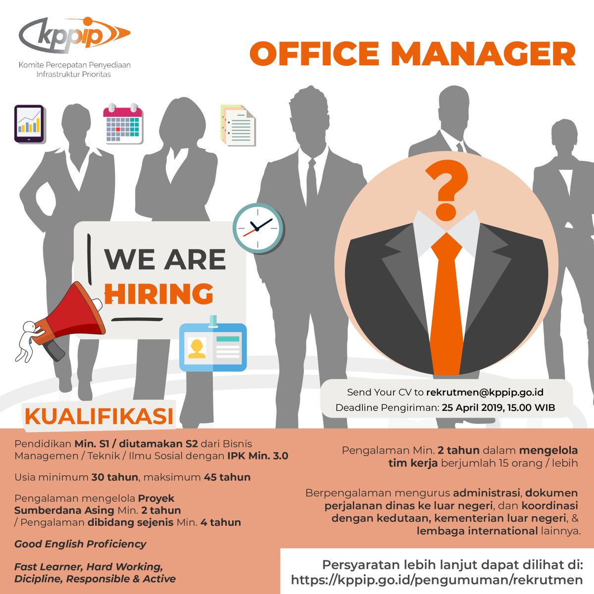 KPPIP_RI's tweet photo. Sahabat #KPPIP, KPPIP sedang mencari Tenaga Ahli Office Manager. Bagi sahabat #KPPIP berminat, cek infonya disini.
https://t.co/VlGWuAM2KD https://t.co/nVBaLrA7Qp