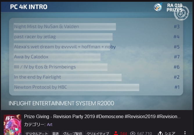 Jugem_T's tweet photo. Revision2019 - 授賞式(投票結果発表)
4K Intro部門(プログラムサイズ4KBの部門)
優勝:Newton Protocol by HBC
#Revision_Party #Revision2019 #RevisionAirways #Demoscene
【Twitch中継】
https://t.co/X57Zj0fTpQ by The Seniors https://t.co/l6O0pQJ8ok