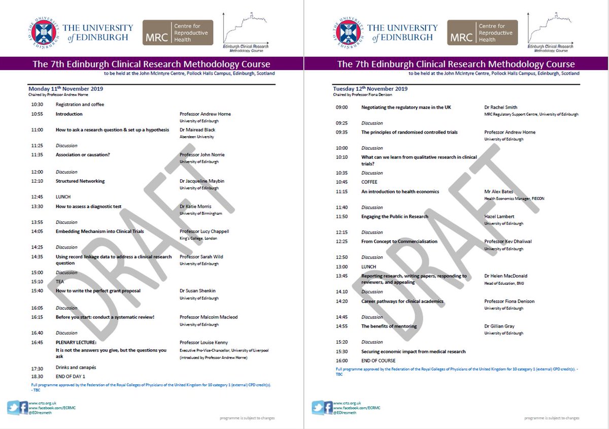 Registration for this year’s 7th #Edinburgh #ClinicalResearch Methodology Course is now open! Join us in Edinburgh on the 11 &amp; 12 November 2019 and sign up at tinyurl.com/ECRMC19  #ECRMC19
