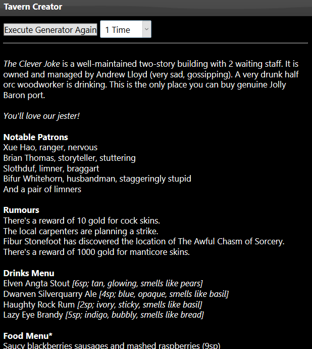 chaosgenerators's tweet photo. https://t.co/HpMlEU4oBF is a Tavern Creator with description, patrons, food, drinks and rooms. 
Made by @Morrus 

#dndgenerator #rpgtool #meetinatavern #dnd #ttrpg https://t.co/gyqWBtCovP