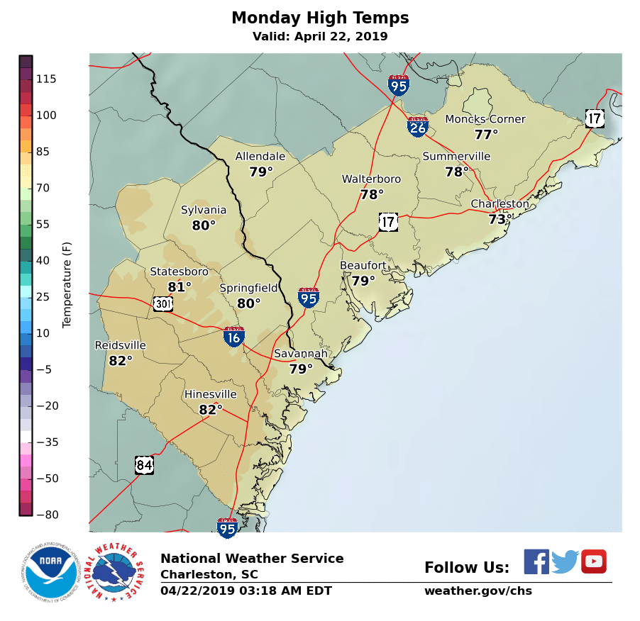 NWSCharlestonSC's tweet photo. Happy Monday! Today will be sunny with temperatures in the 80's in Georgia and mid to high 70's in South Carolina! https://t.co/38ywJdtq8D